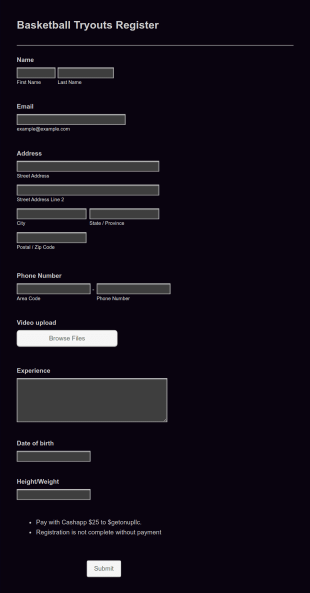Basketball Tryouts Register Form Template