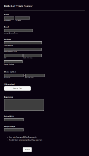 Basketball Tryouts Register Form Template