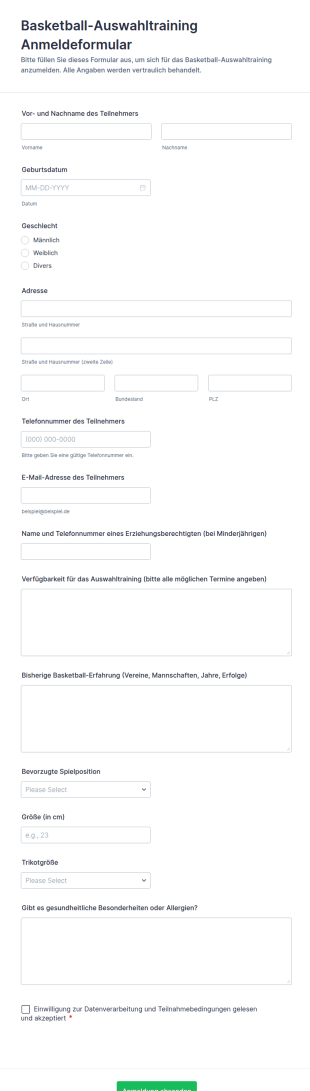Basketball Versuche Anmeldung Formular