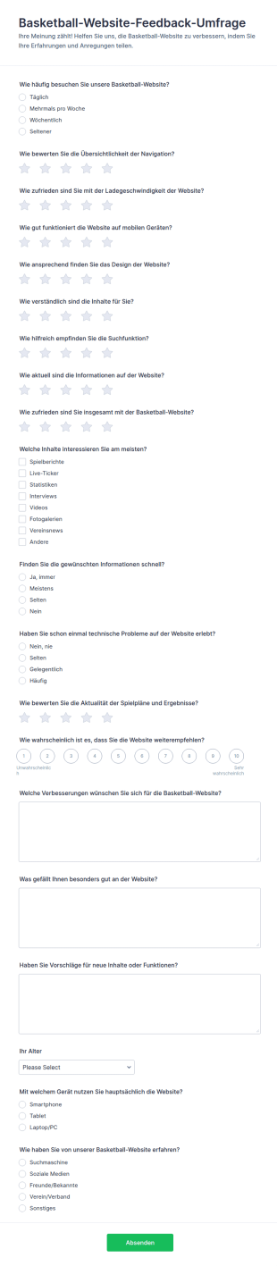 Basketball Webseiten Feedback Umfrage