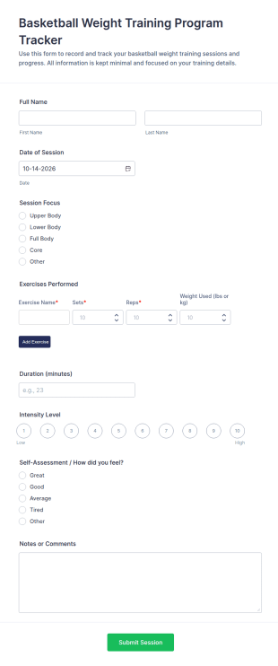 Basketball Weight Training Program Tracker Form Template