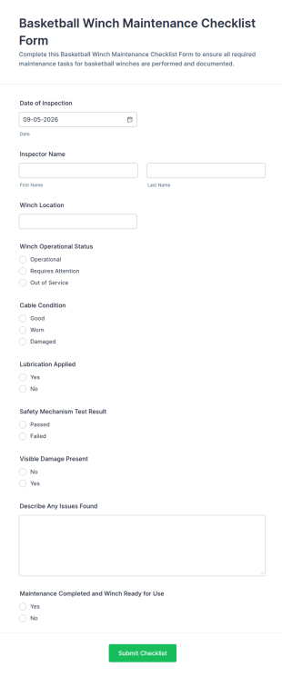 Basketball Winch Maintenance Checklist Form Template