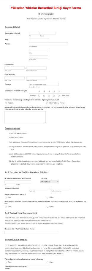 Basketbol Ligi Kayıt Form Şablonu