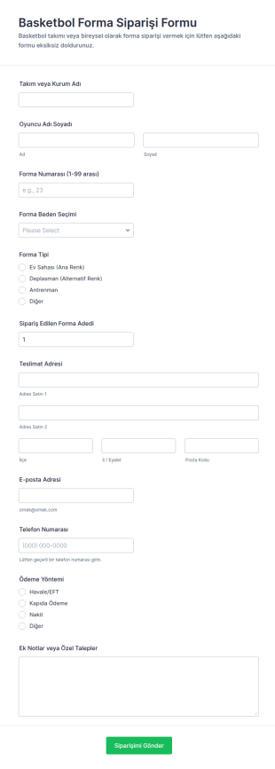 Basketbol Tişörtü Sipariş Form Şablonu