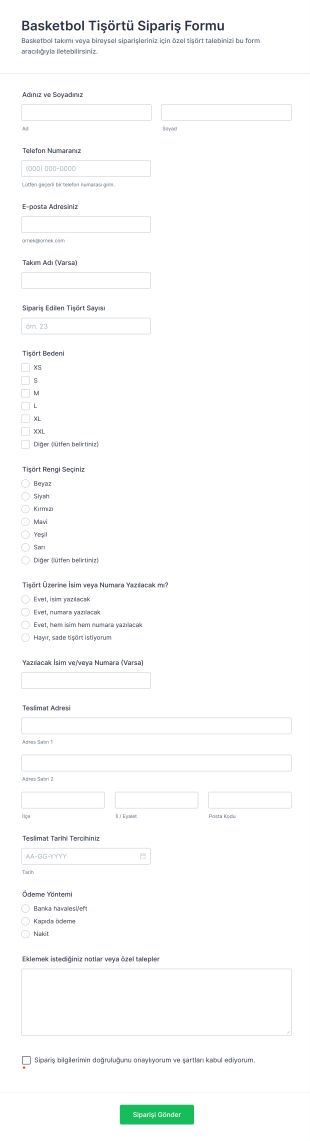 Basketbol Tişörtü Sipariş Form Şablonu