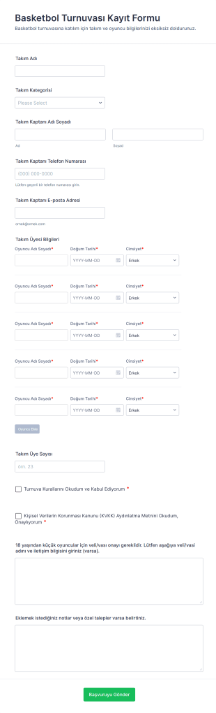 Basketbol Turnuvası Kayıt Form Şablonu