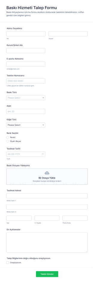 Baskı Hizmeti Talep Form Şablonu