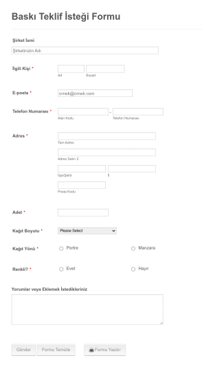 Baskı Teklif İsteği Form Şablonu