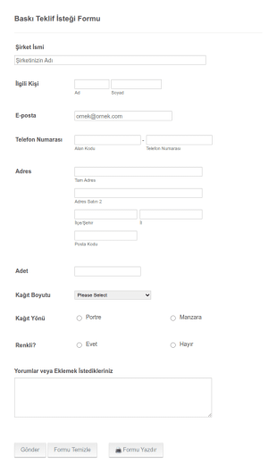 Baskı Teklif İsteği Form Şablonu