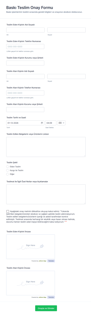 Baskı Teslim Onay Form Template