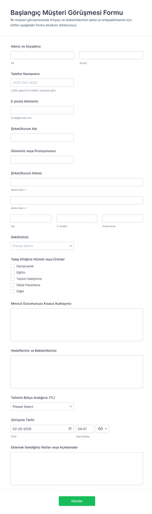 Başlangıç Müşteri Görüşmesi Form Şablonu