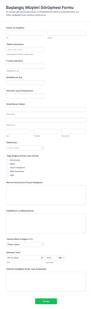 Başlangıç Müşteri Görüşmesi Form Şablonu