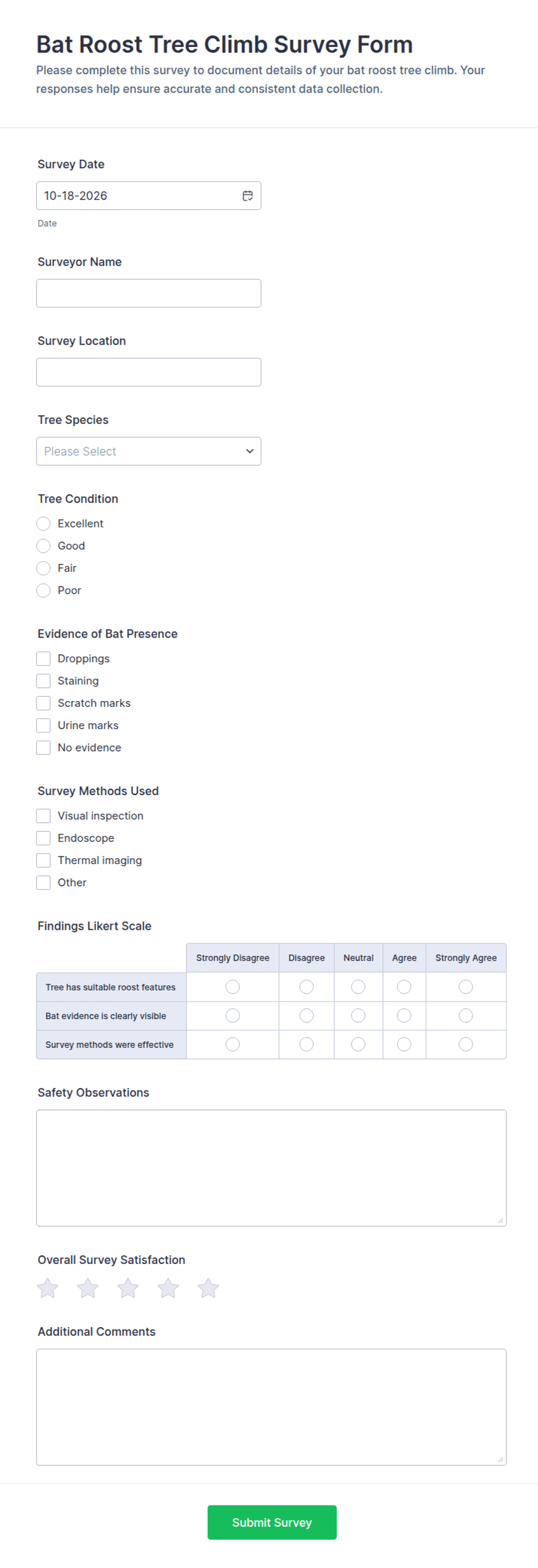 Bat Roost Tree Climb Survey Form Template | Jotform
