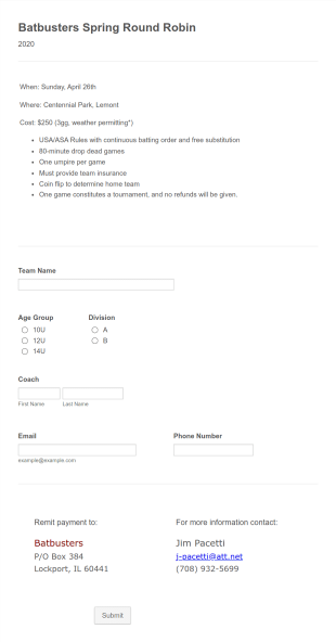Batbusters Spring Round Robin Form Template