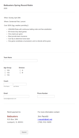 Batbusters Spring Round Robin Form Template