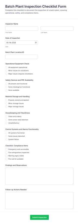 Batch Plant Inspection Checklist Form Template