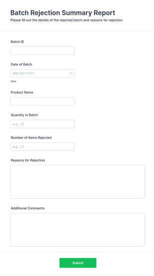 Batch Rejection Summary Report Form Template