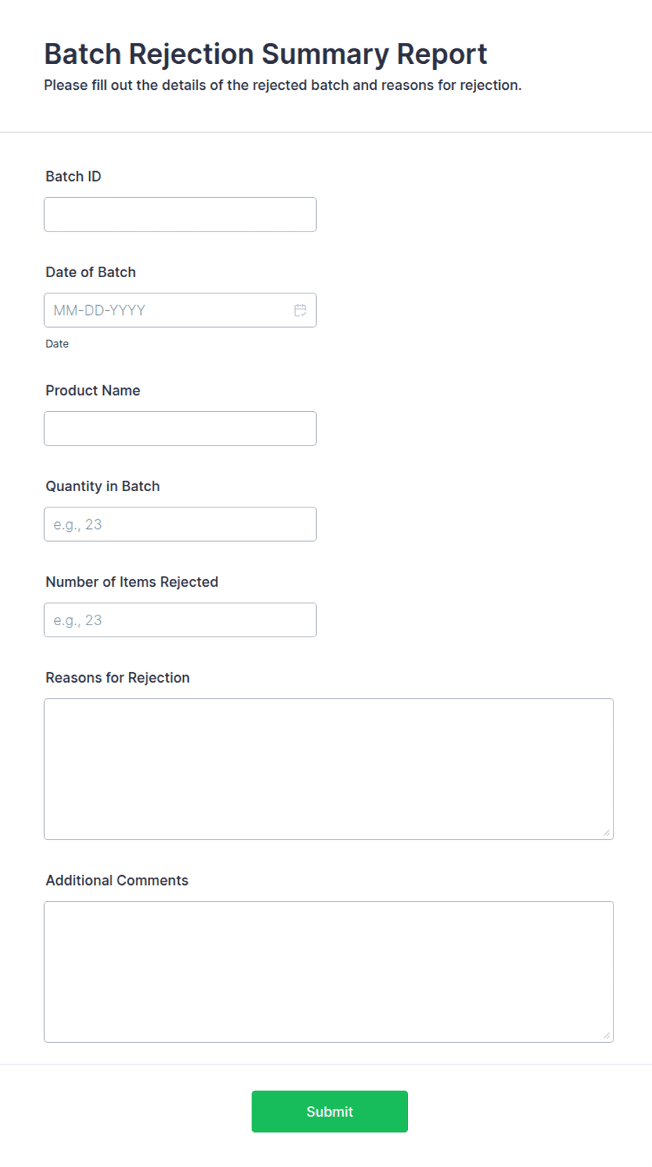 Batch Rejection Summary Report Form Template | Jotform