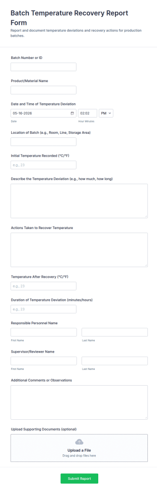 Batch Temperature Recovery Report Form Template