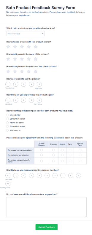 Bath Product Feedback Survey Form Template
