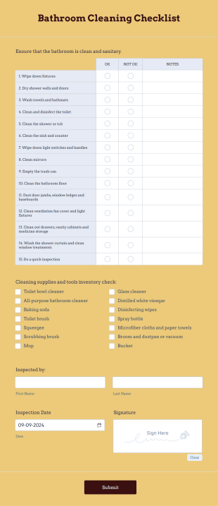 Bathroom Cleaning Checklist Form Template