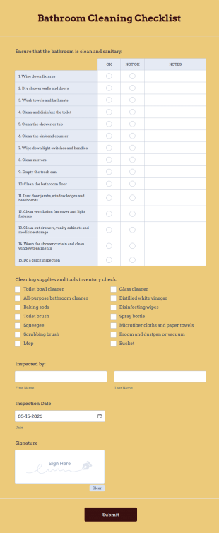 Bathroom Cleaning Checklist Form Template