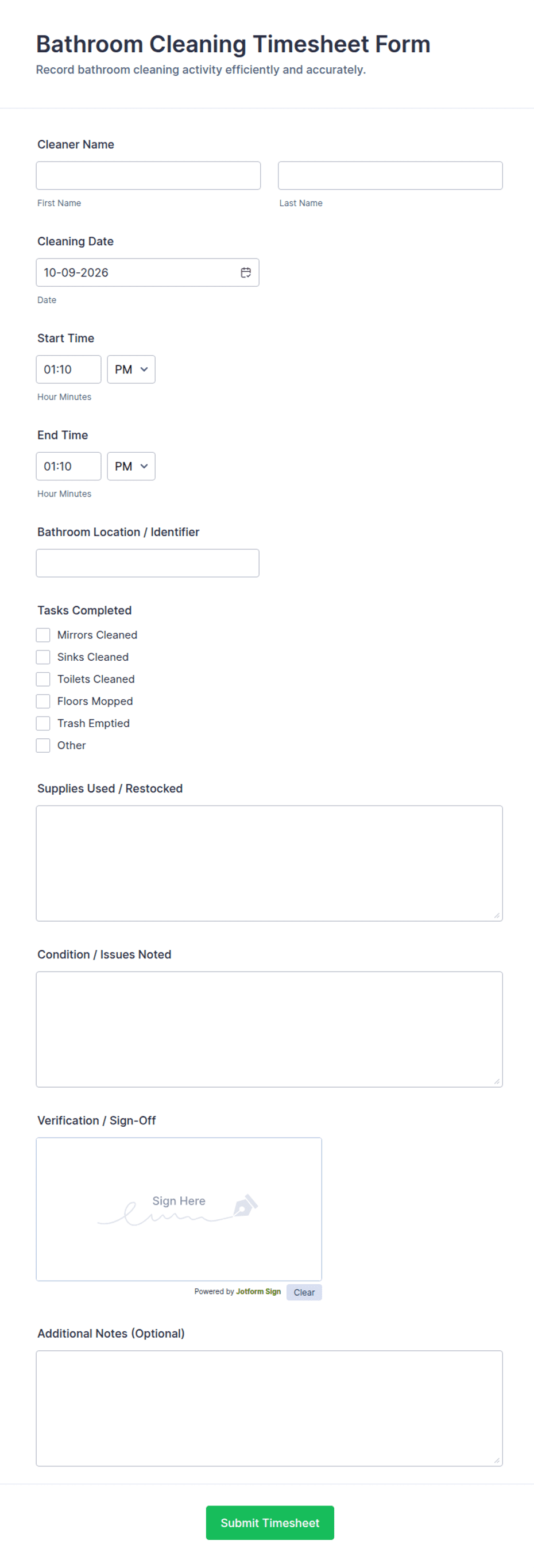 Bathroom Cleaning Timesheet Form Template | Jotform
