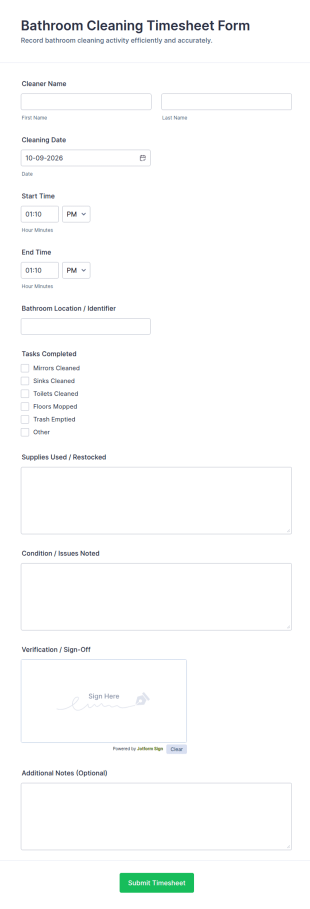 Bathroom Cleaning Timesheet Form Template