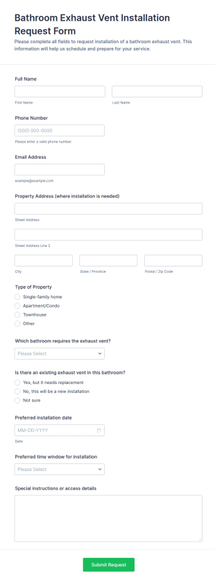Bathroom Exhaust Vent Installation Request Form Template