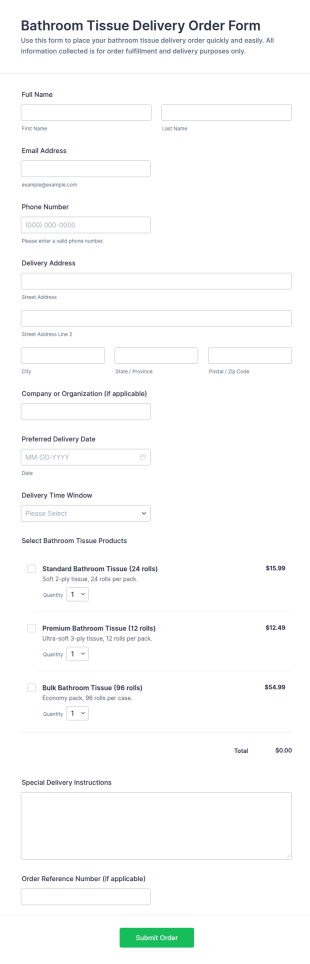 Bathroom Tissue Delivery Order Form Template