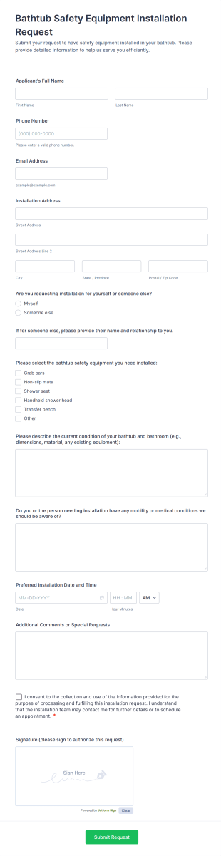 Bathtub Safety Equipment Installation Request Form Template