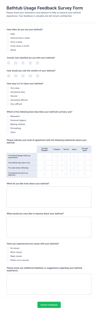 Bathtub Usage Feedback Survey Form Template