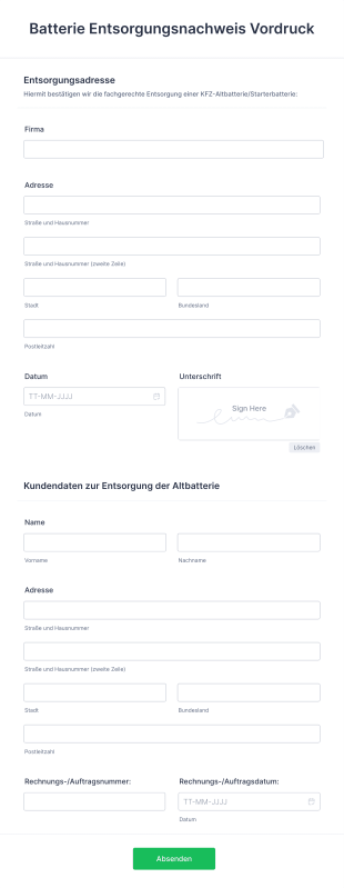 Batterie Entsorgungsnachweis Vordruck Form Template