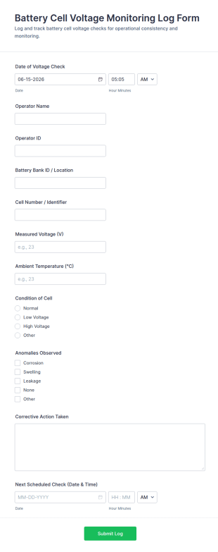 Battery Cell Voltage Monitoring Log Form Template