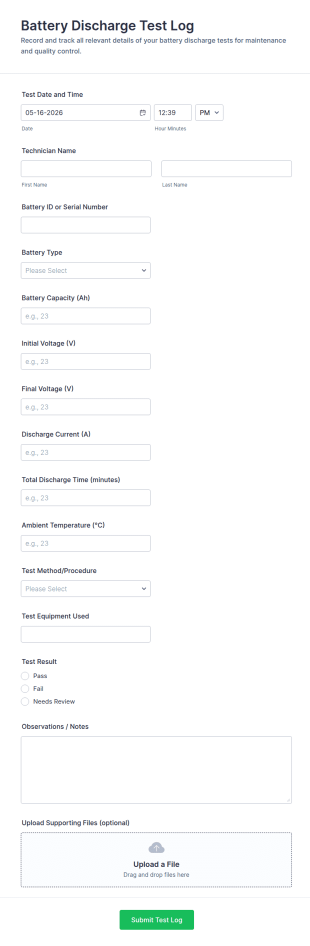 Battery Discharge Test Log Form Template