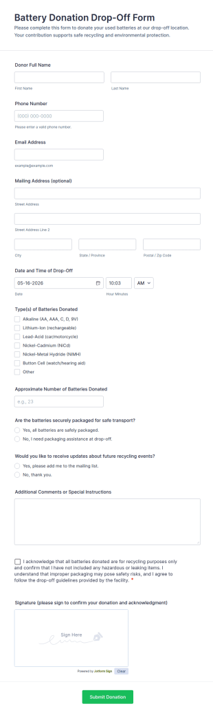 Battery Donation Drop Off Form Template