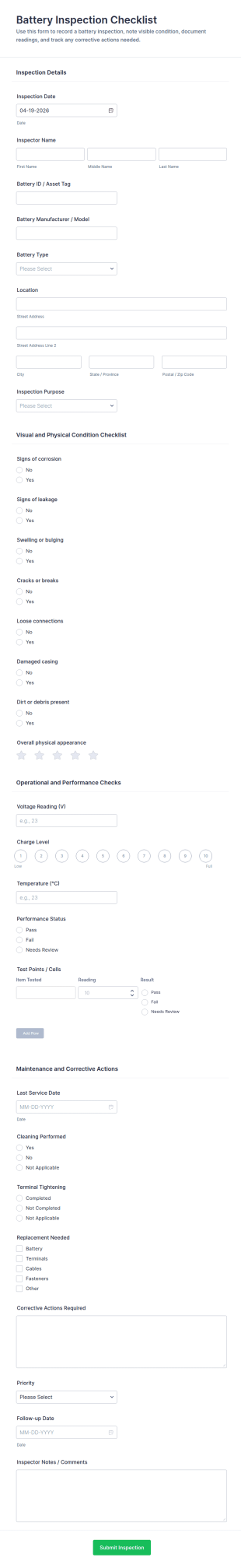 Battery Inspection Checklist Form Template