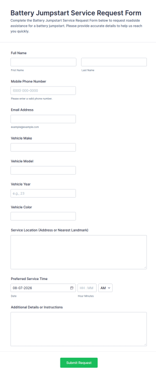 Battery Jumpstart Service Request Form Template