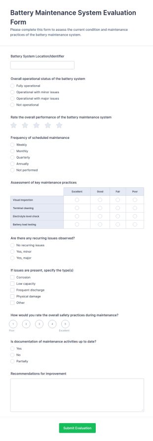 Battery Maintenance System Evaluation Form Template