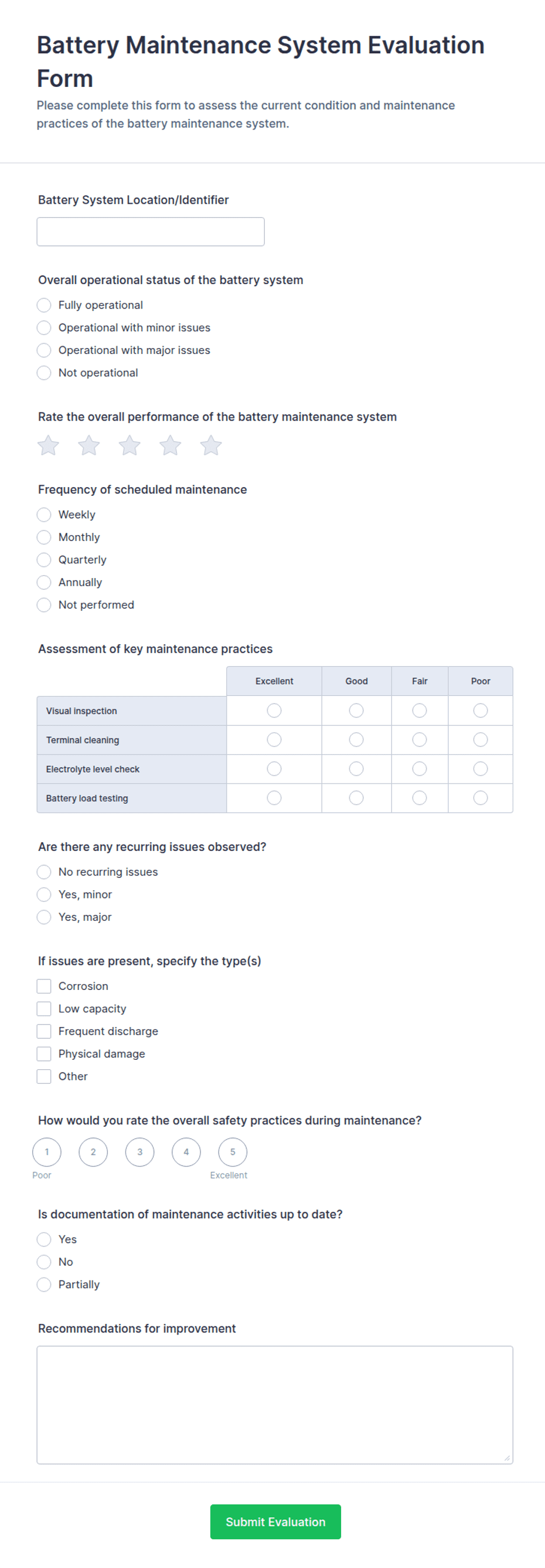 Battery Test Form Example Battery Maintenance System Evaluation Form Template | Jotform