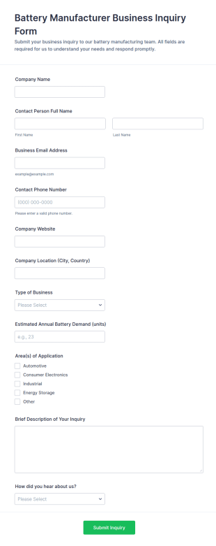 Battery Manufacturer Business Inquiry Form Template