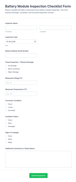 Battery Module Inspection Checklist Form Template