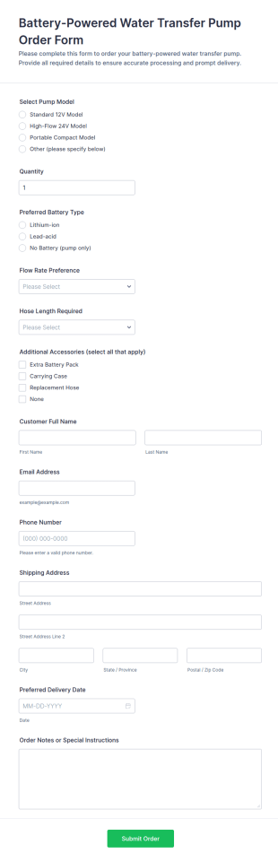 Battery Powered Water Transfer Pump Order Form Template