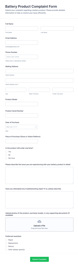 Battery Product Complaint Form Template