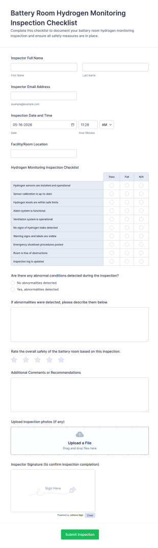 Battery Room Hydrogen Monitoring Inspection Checklist Form Template