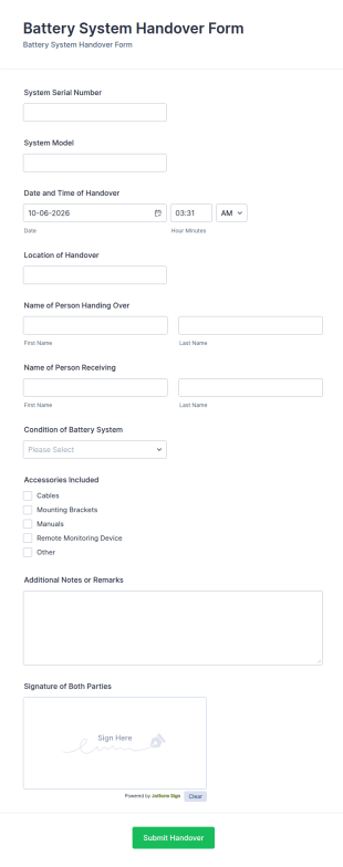 Battery System Handover Form Template