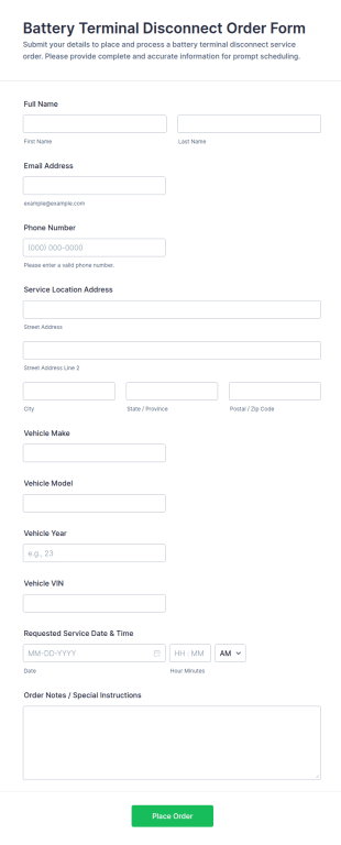 Battery Terminal Disconnect Order Form Template