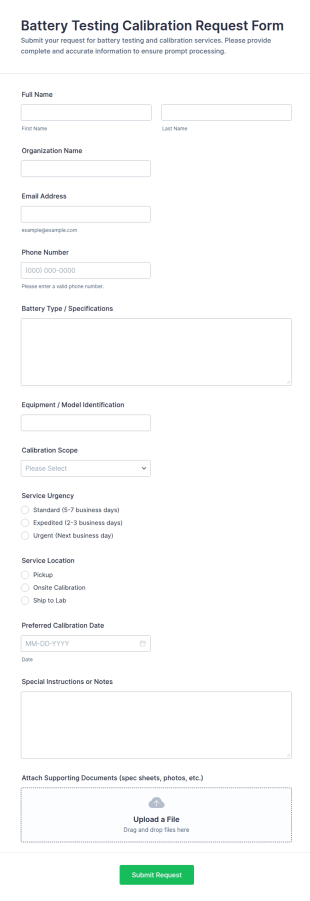Battery Testing Calibration Request Form Template