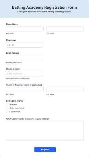 Batting Academy Registration Form Template