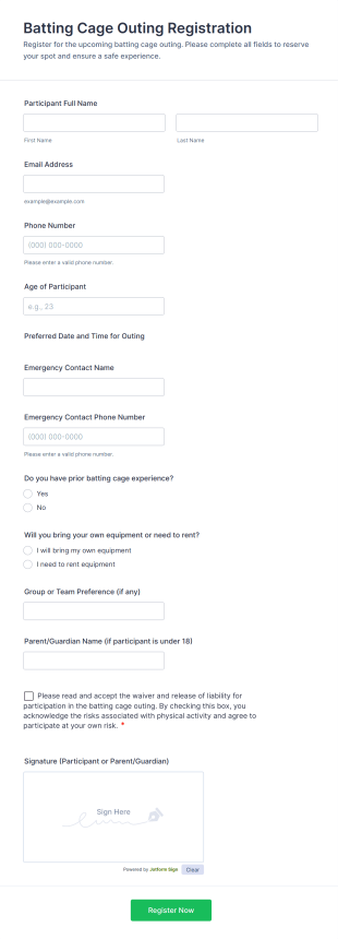 Batting Cage Outing Registration Form Template